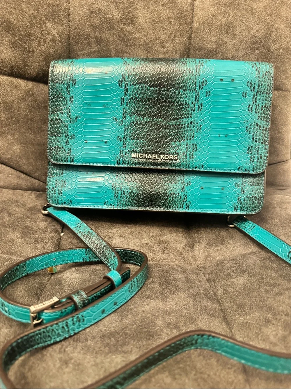 Michael Kors Turquoise Snakeskin-Embossed Crossbody Bag